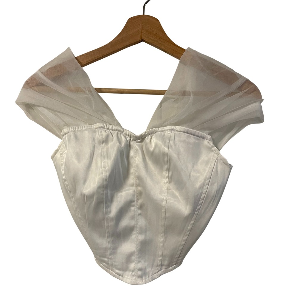 SHEIN White Corset Top Sheer Tulle Off Shoulder Mesh Boned Bodice XS US 2
